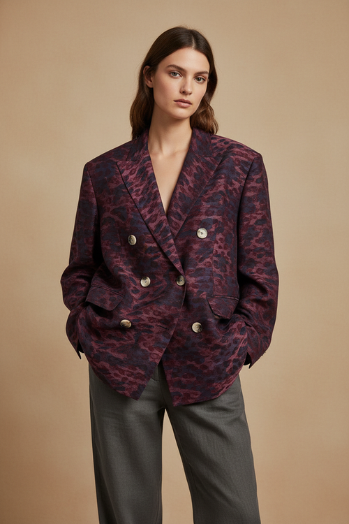 Bordo-Lacivert Leopar Oversize Kruvaze Ceket