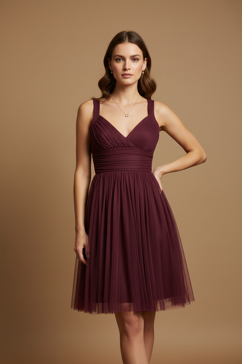 Burgundy dress on live model