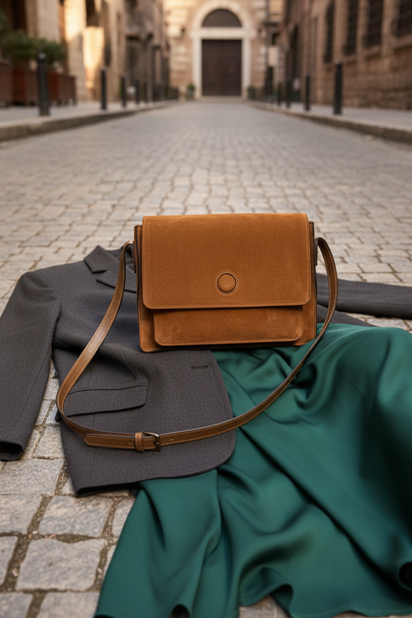 Caramel Brown Suede Shoulder Bag Editorial