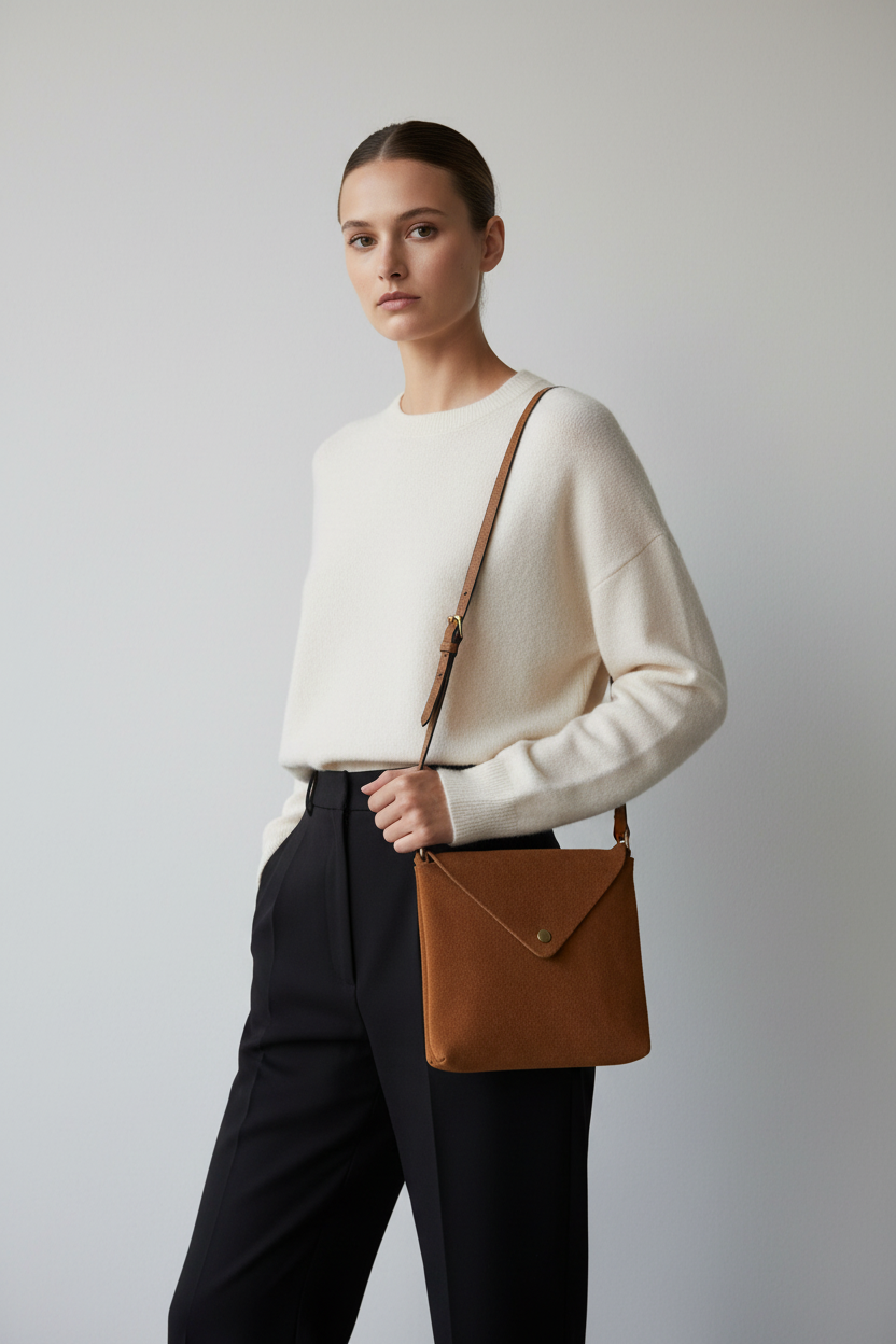 Cognac Brown Suede Bag Grey Wall 1