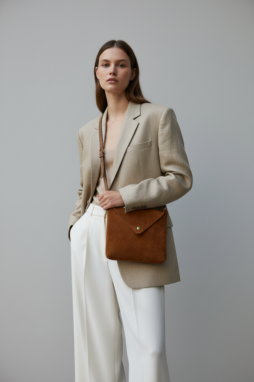 Cognac Brown Suede Bag Grey Wall 2