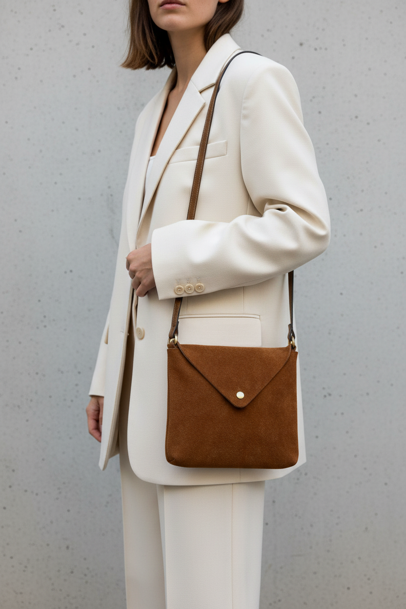 Cognac Brown Suede Bag Grey Wall 3