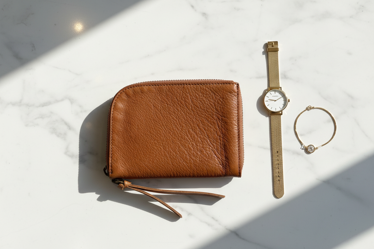 Cognac Deri Cüzdan Flat Lay