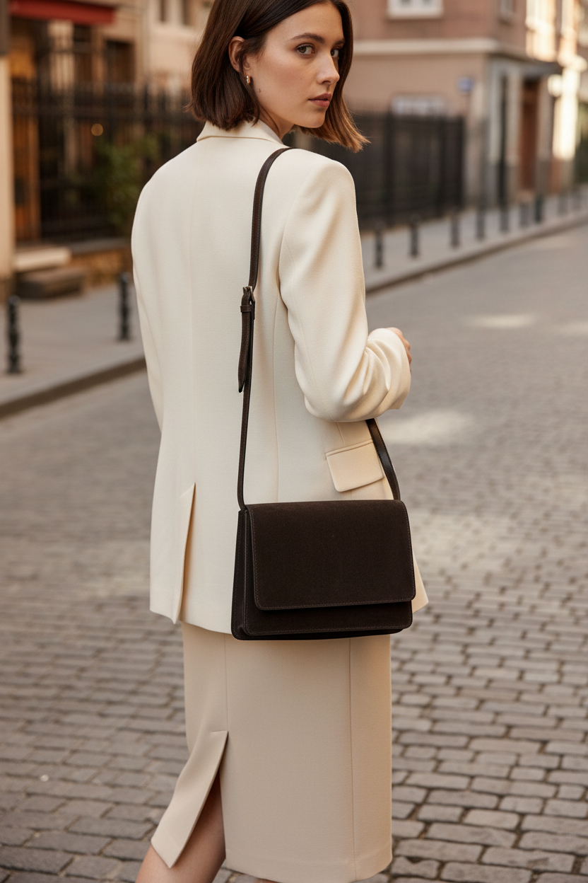 Dark Brown Suede Bag - Back View with Contrast