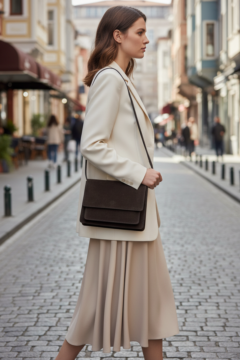 Dark Brown Suede Bag - Side View with Contrast