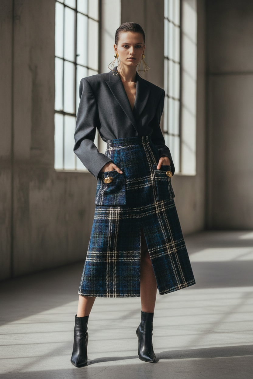 Diz Altı Yırtmaçlı Cepli Etek - Lacivert Metalik Ekose