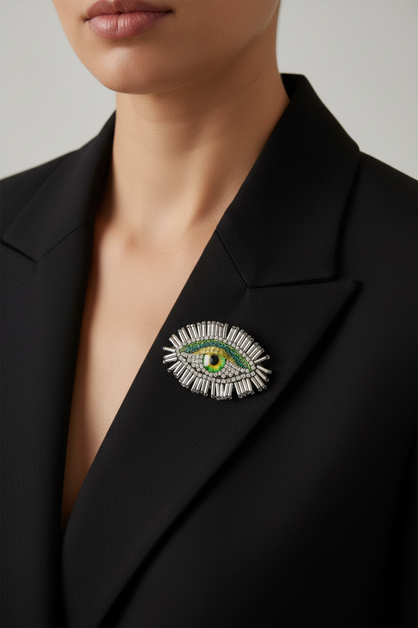 Evil Eye Brooch - Black Blazer Grey Background