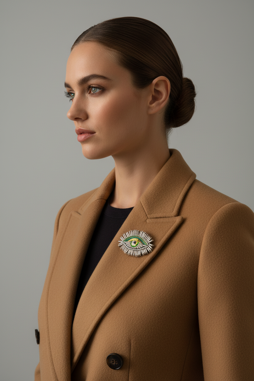 Evil Eye Brooch - Camel Coat Grey Background