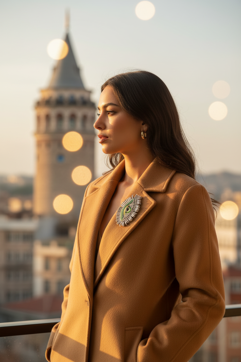 Evil Eye Brooch - Camel Coat