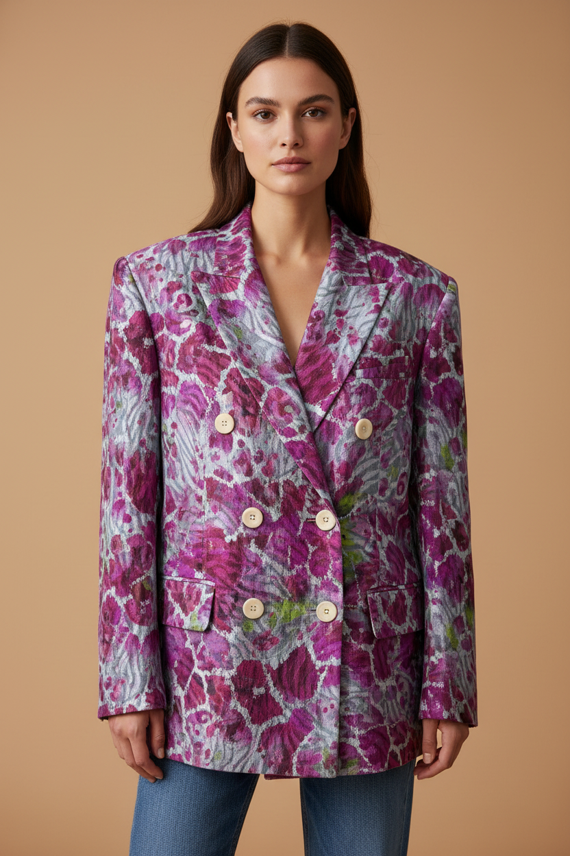 Fuşya-Gri Taşlanmış İpek Kruvaze Blazer