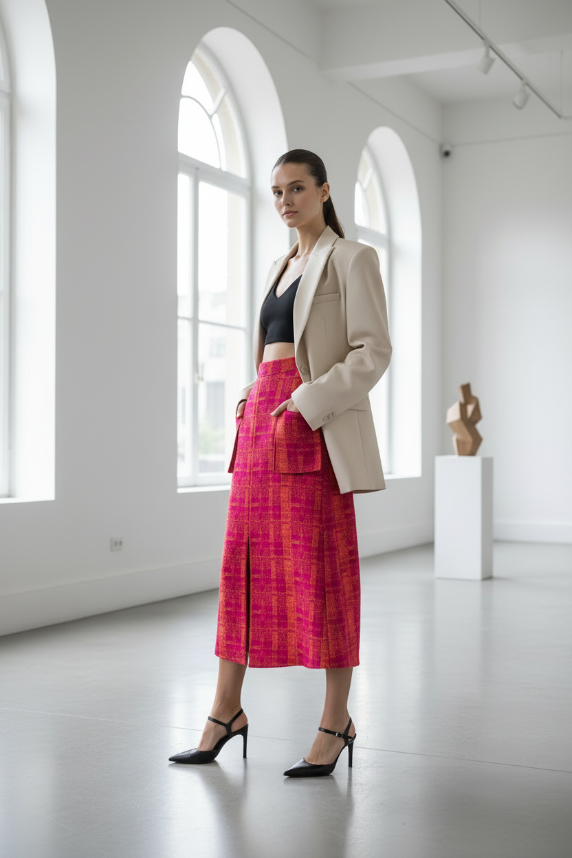 Fuchsia Pink Midi Skirt Editorial Different Angle