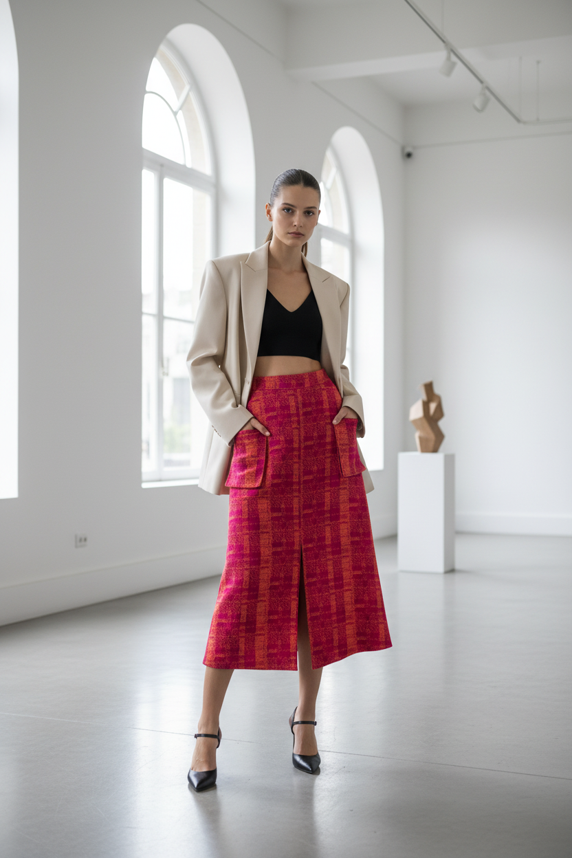 Fuchsia Pink Midi Skirt Editorial Fashion