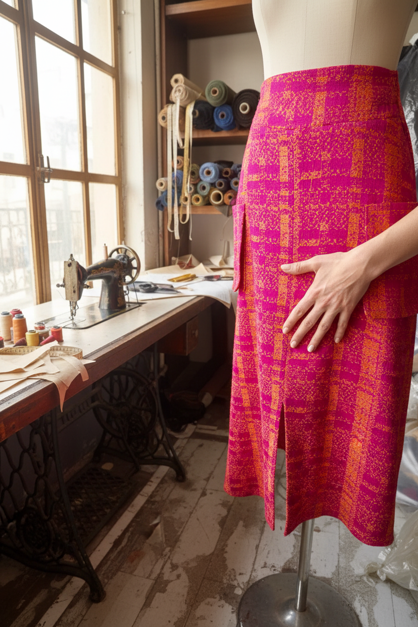 Fuchsia Pink Textured Midi Skirt in Terzihane