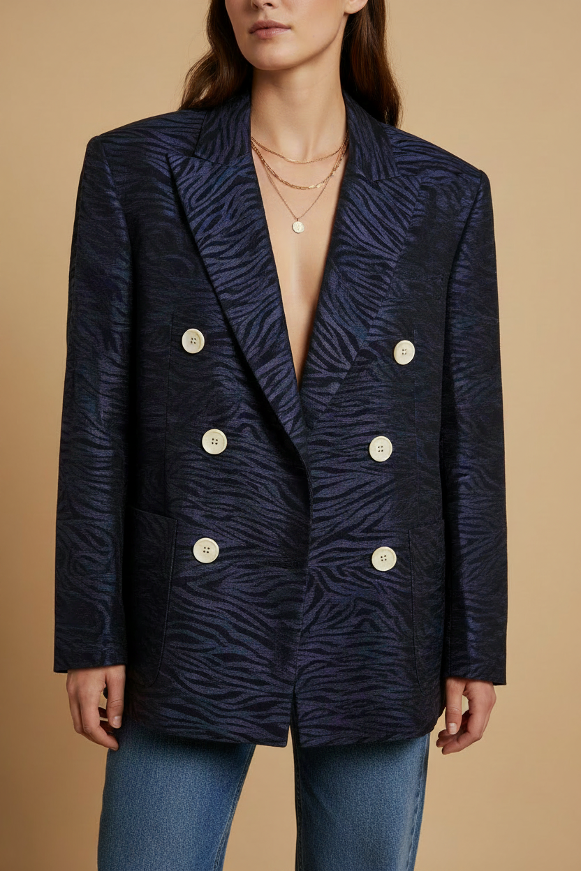 Gece Mavisi İridyum Zebra Blazer - Kumaş Detaylı