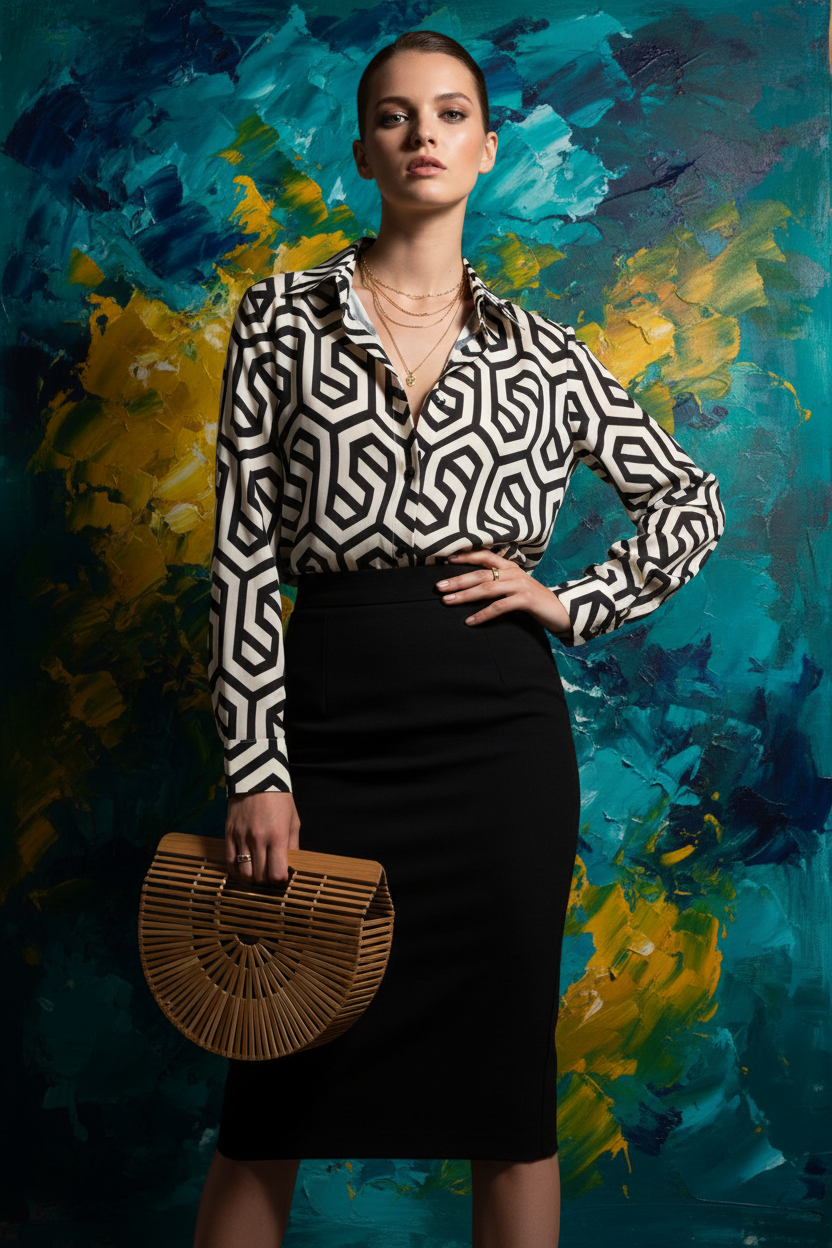 Geometric Shirt with Black Skirt