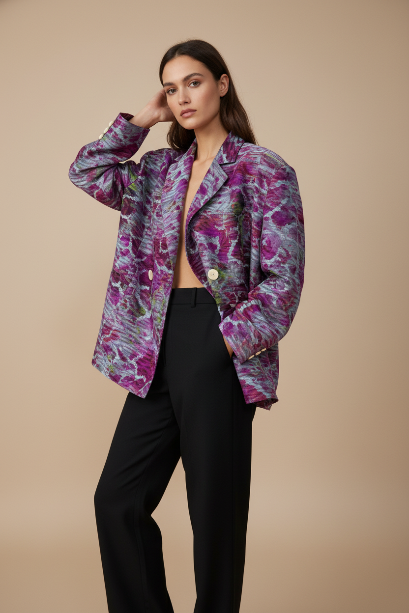 Gri-Fuşya Zebra Oversize Kruvaze Ceket
