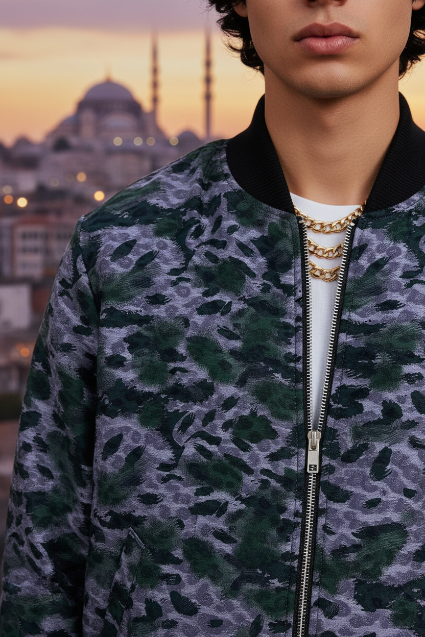 Washed Silk Kupra Leopard Bomber Jacket - Lavender Green