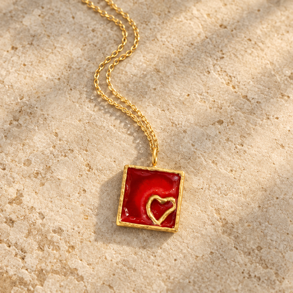 Red Enamel Heart Necklace – Gold-Plated Bronze