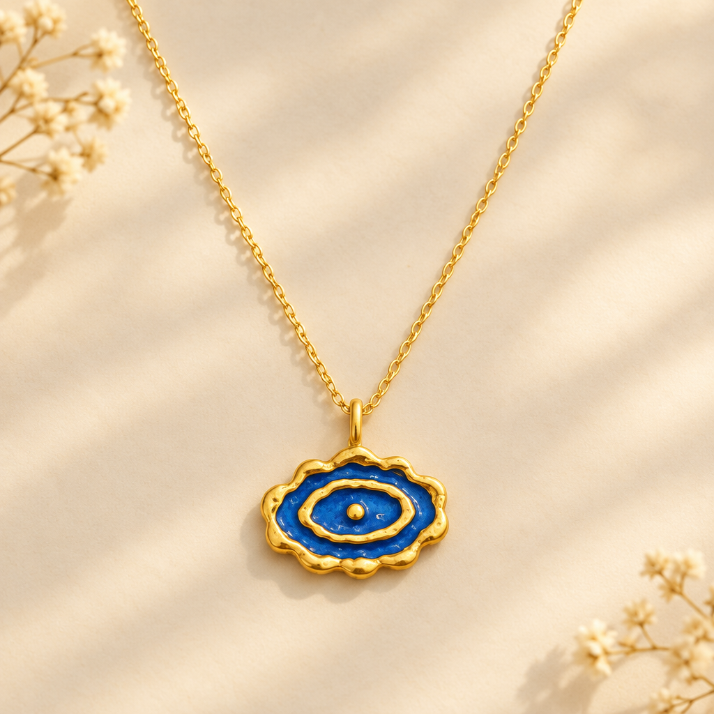 Blue Enamel Evil Eye Necklace – Gold-Plated Bronze