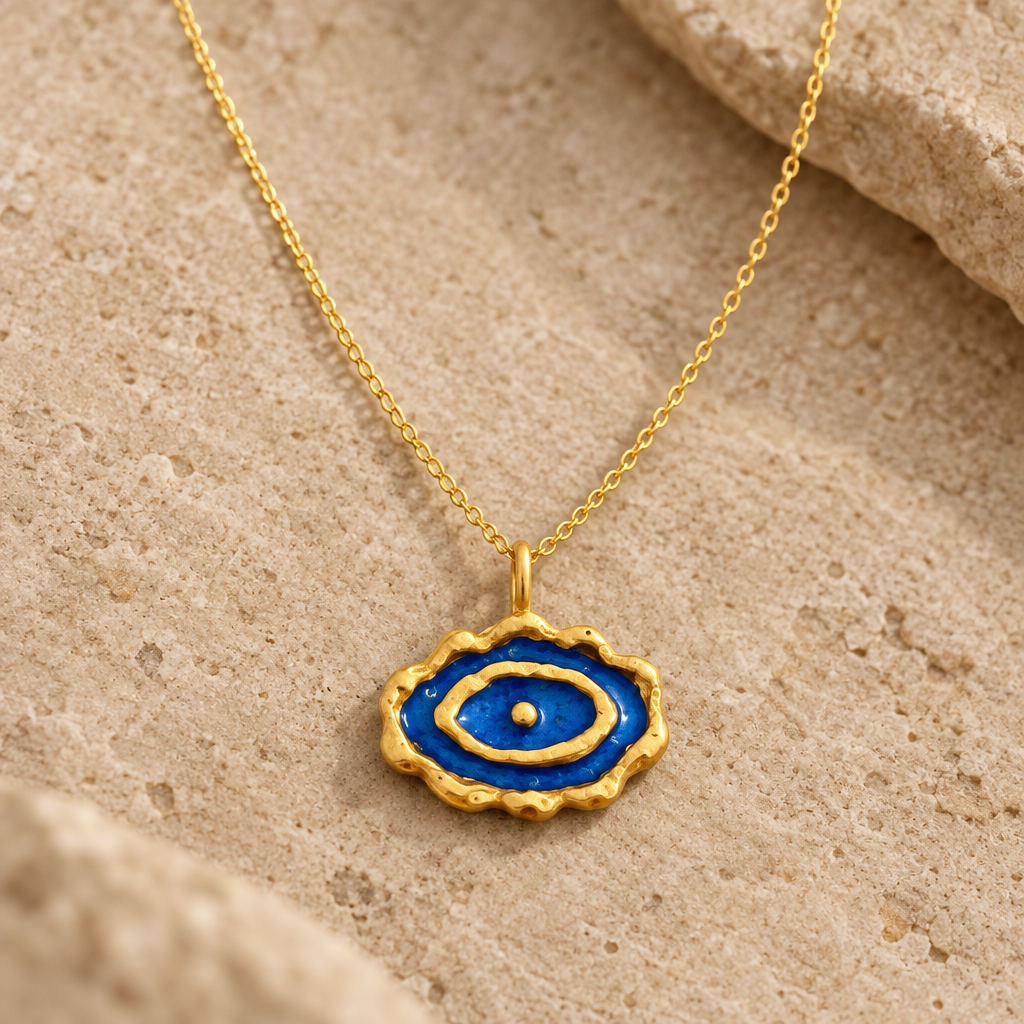 Blue Enamel Evil Eye Necklace – Gold-Plated Bronze