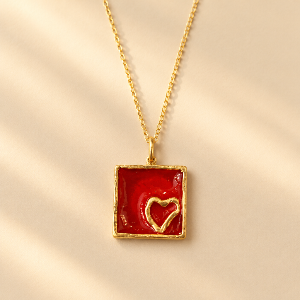 Red Enamel Heart Necklace – Gold-Plated Bronze