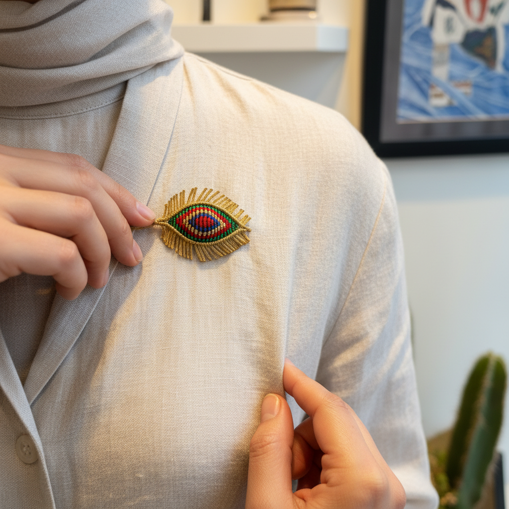Handmade Macrame Evil Eye Brooch - Gold Fringed Nazar Bead