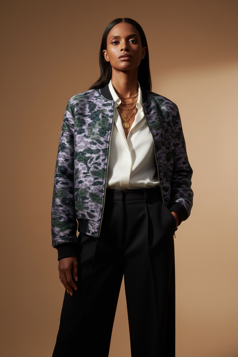 Washed Silk Kupra Leopard Bomber Jacket - Lavender Green