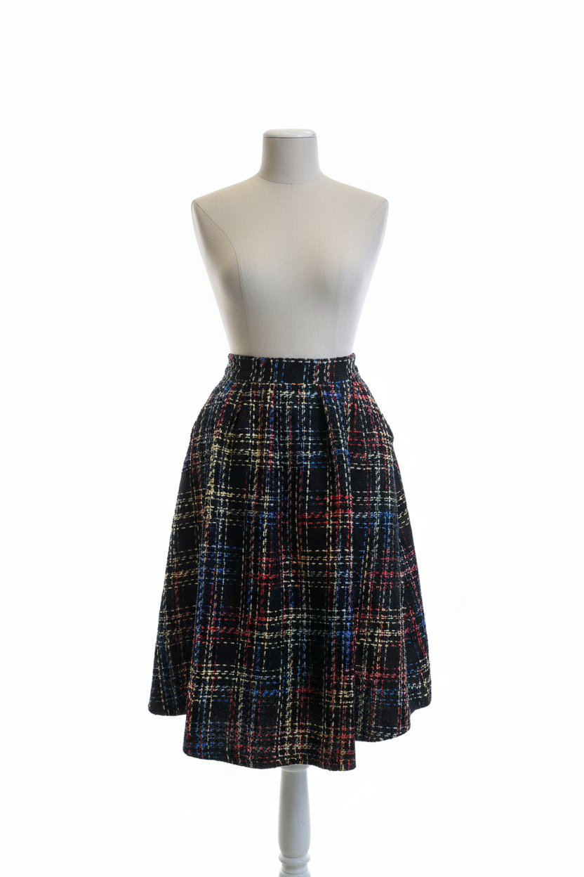 Elastic Waist Checkered Knit Skirt with Pockets