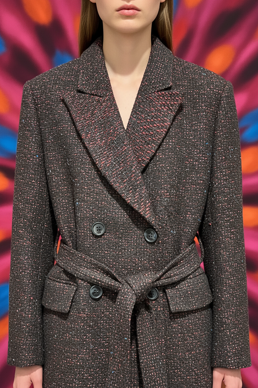 Premium Tweed Coat with Belt - Black with Multicolor Flecks