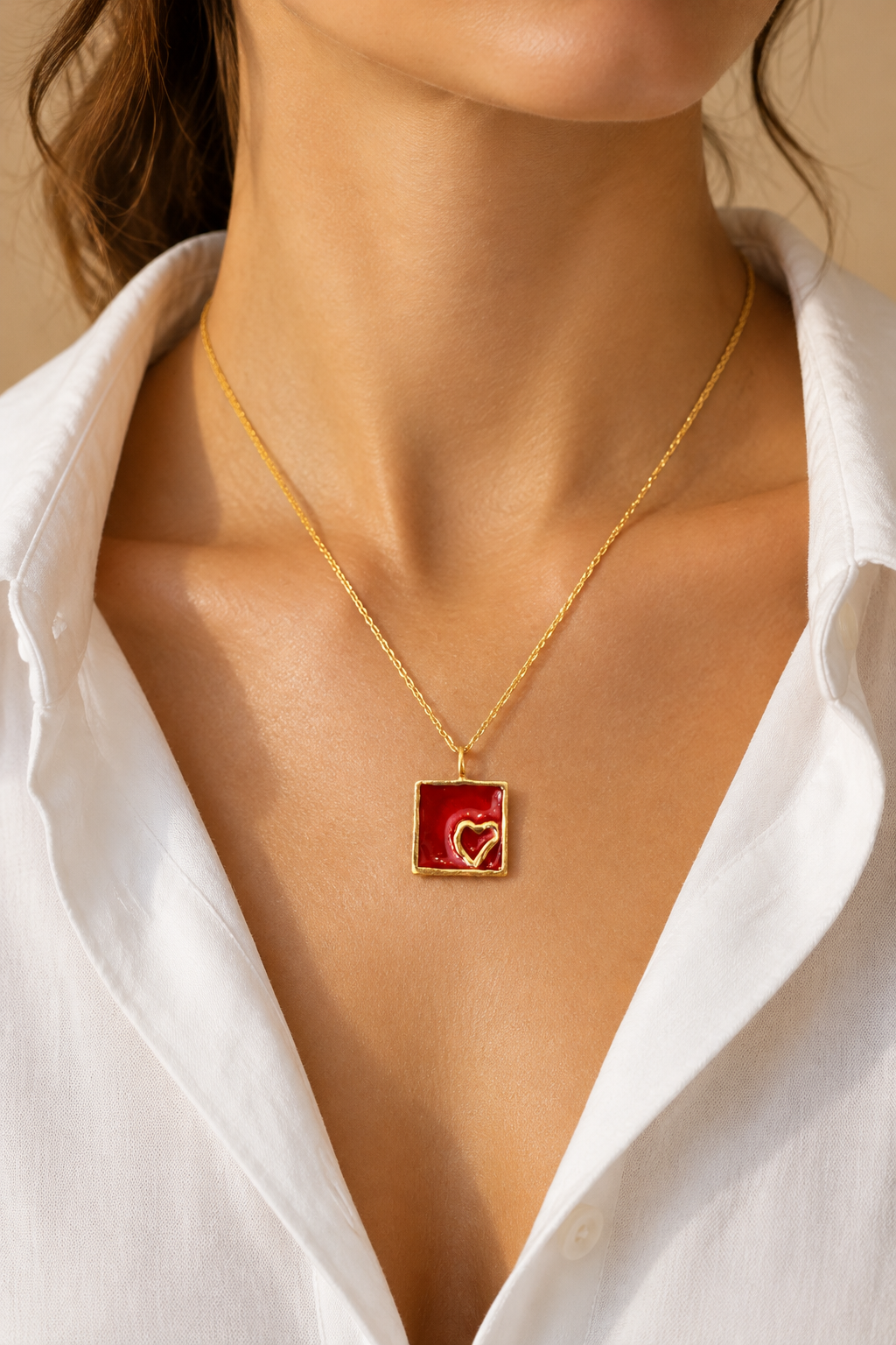Red Enamel Heart Necklace – Gold-Plated Bronze