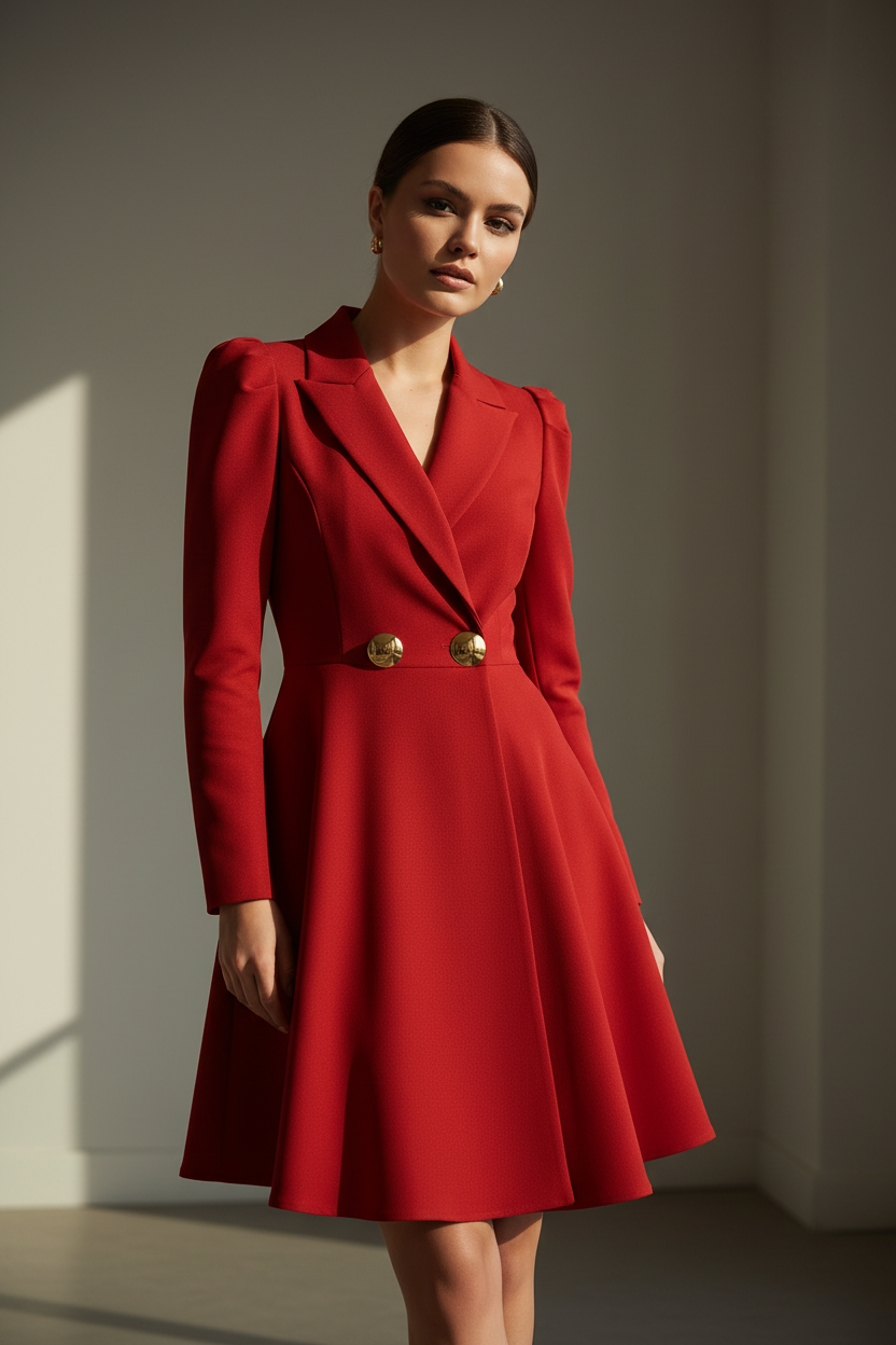 Kırmızı - Altın Düğmeler - Detay Odaklı