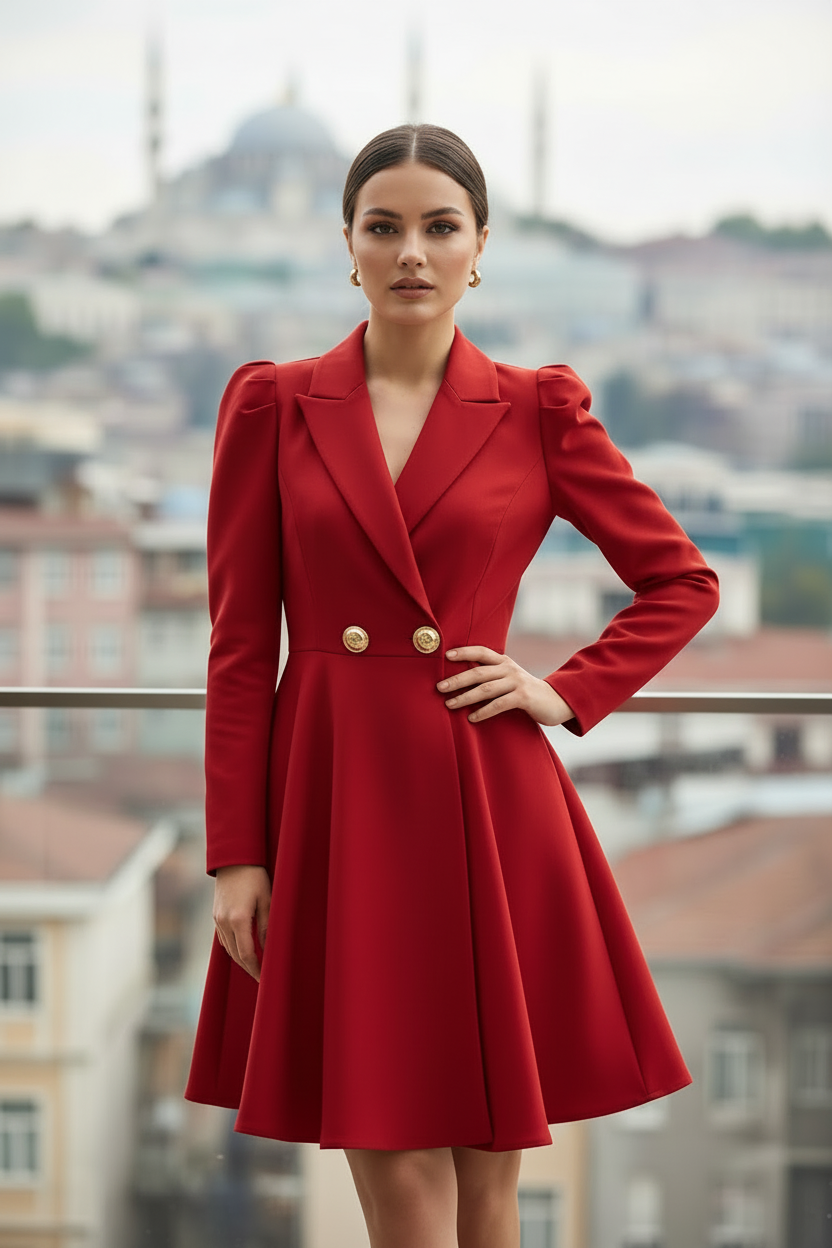 Kırmızı - Altın Düğmeler - Diz Altı 65 cm