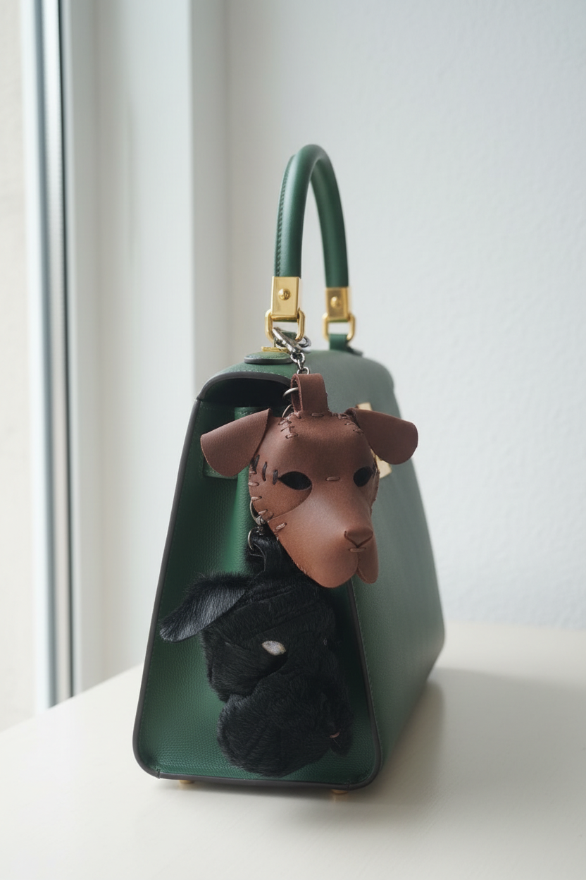 Kahverengi deri köpek başı siyah tüy detaylı çanta üzerinde