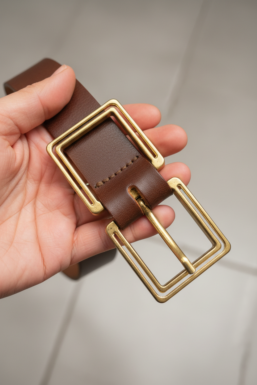 Dark Brown Leather Belt with Double Gold Square Buckle - Handcrafted Turkish Design