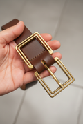 Dark Brown Leather Belt with Double Gold Square Buckle - Handcrafted Turkish Design