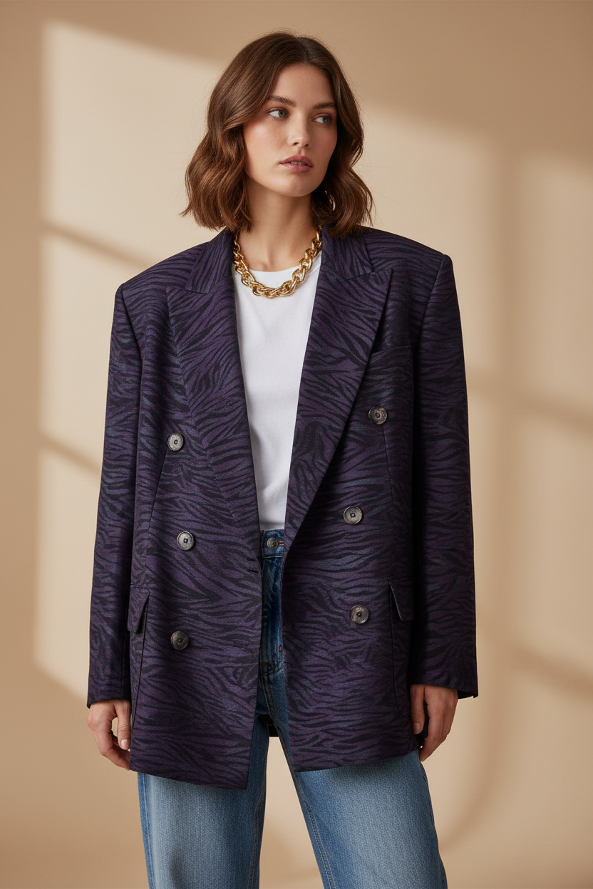 Koyu Mor-Siyah Zebra Blazer - Astarsız