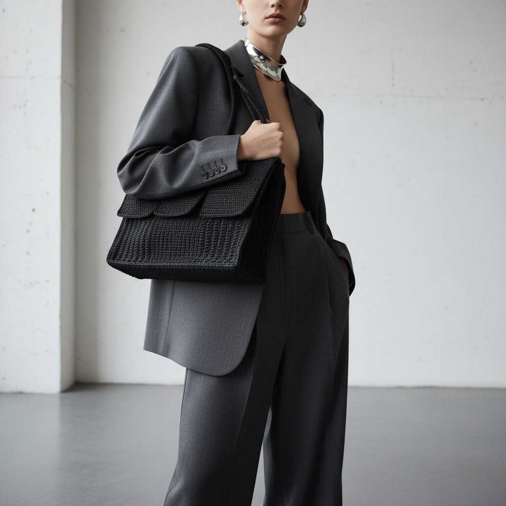 LEILA Black Raffia Bag on Model