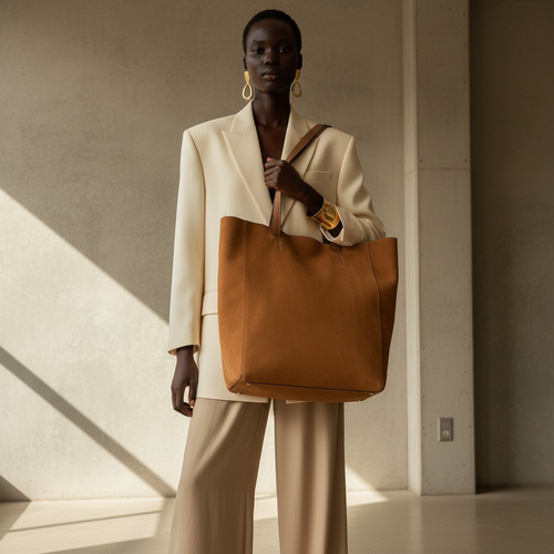 LEILA Camel Leather Tote Bag on Model