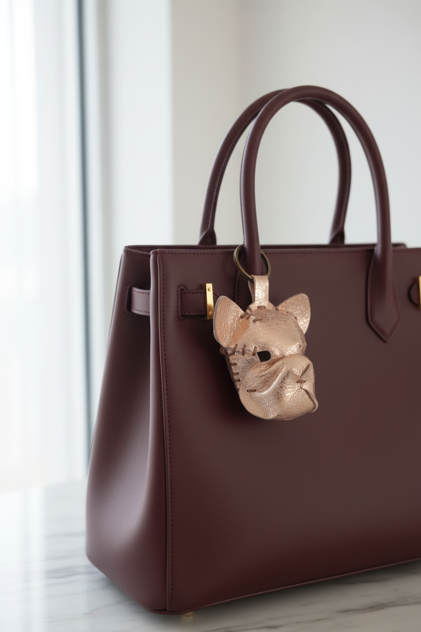 Metalik rose gold köpek başı anahtarlık çanta üzerinde