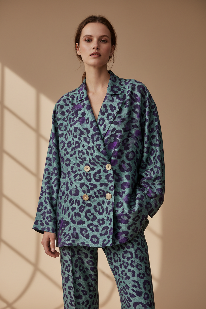 Mint-Mor Leopar Oversize Kruvaze Ceket