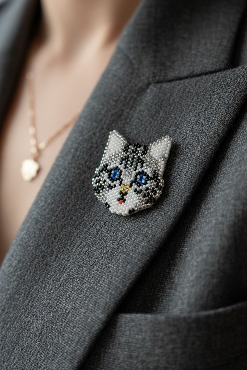 Miyuki Cat Brooch Lapel Detail