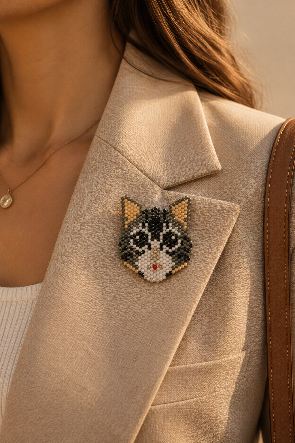 Miyuki kedi broşu blazer yakasında