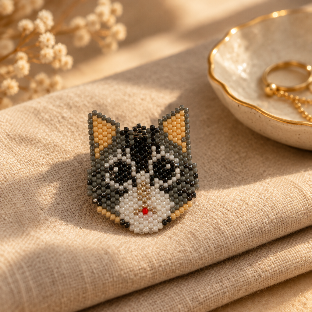 Miyuki kedi broşu keten kumaş üzerinde