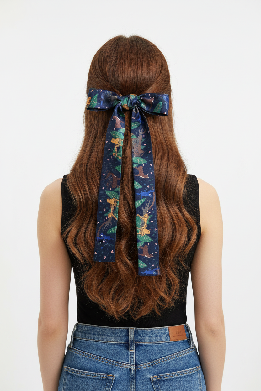 Navy Cat Pattern Hair Bow