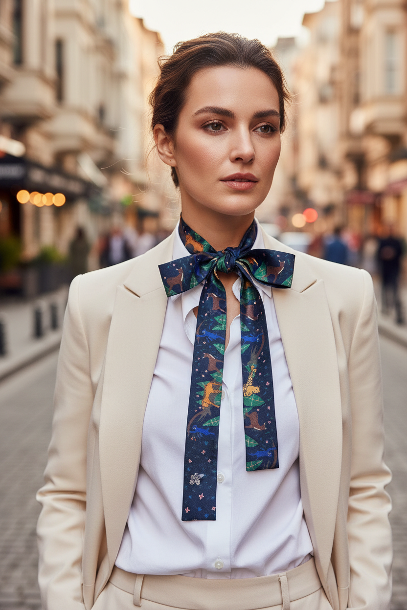 Navy Cat Pattern Neck Bow