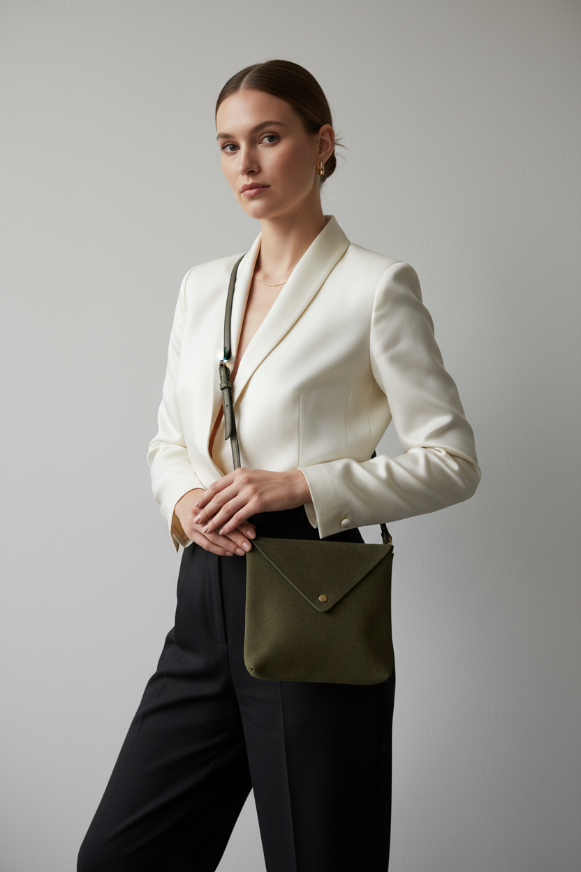 Olive Green Suede Bag Grey Wall 1