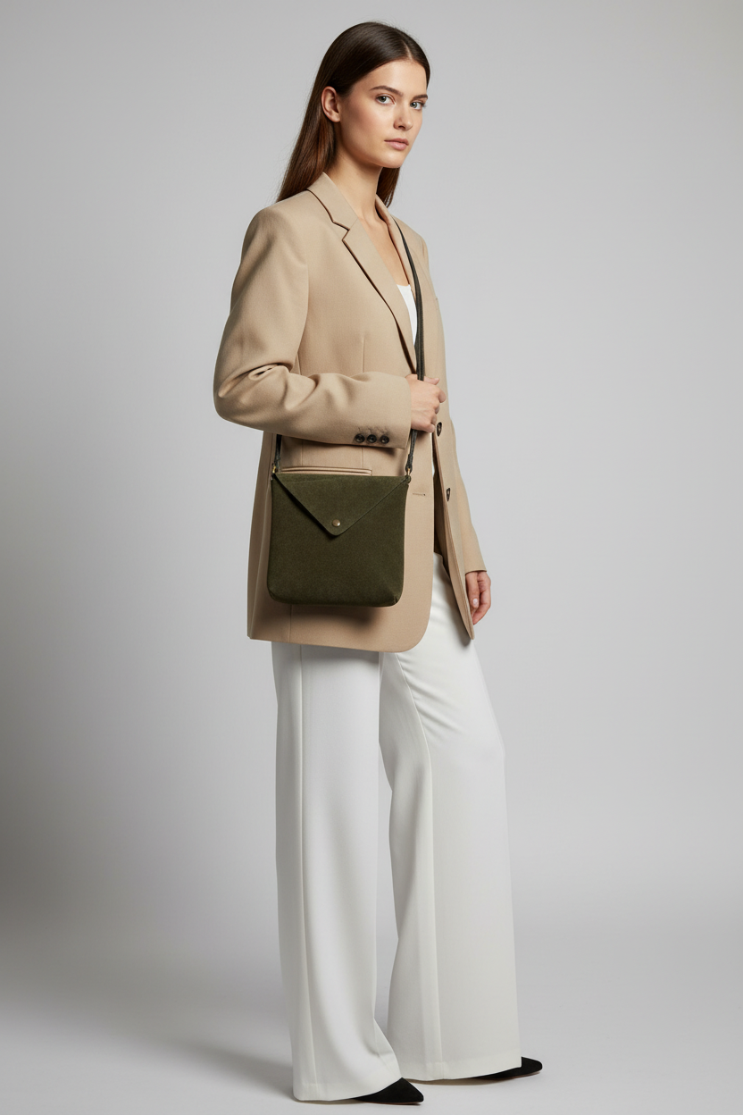 Olive Green Suede Bag Grey Wall 2