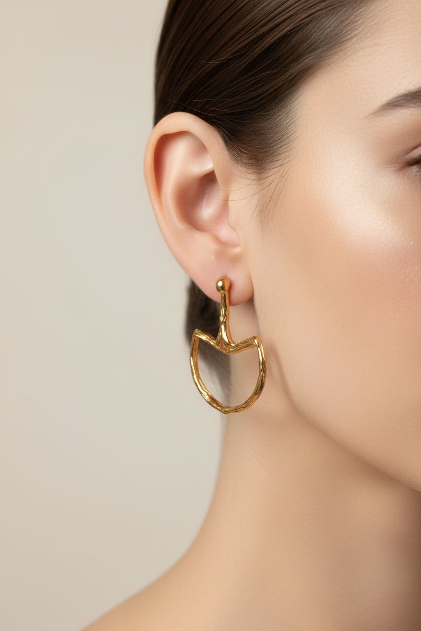 Organik Altın Halka Küpe - Manken Kulağında