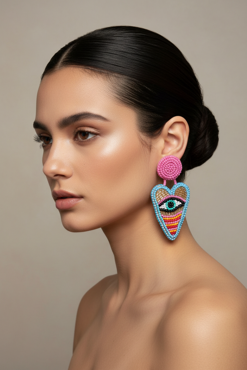 Pembe Turkuaz Boncuklu Kalp Küpe