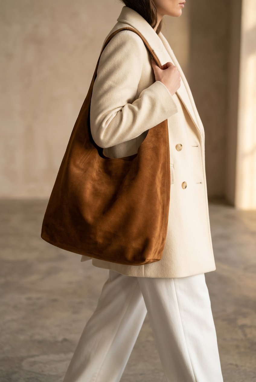 Cognac Suede Slouchy Hobo Shoulder Bag